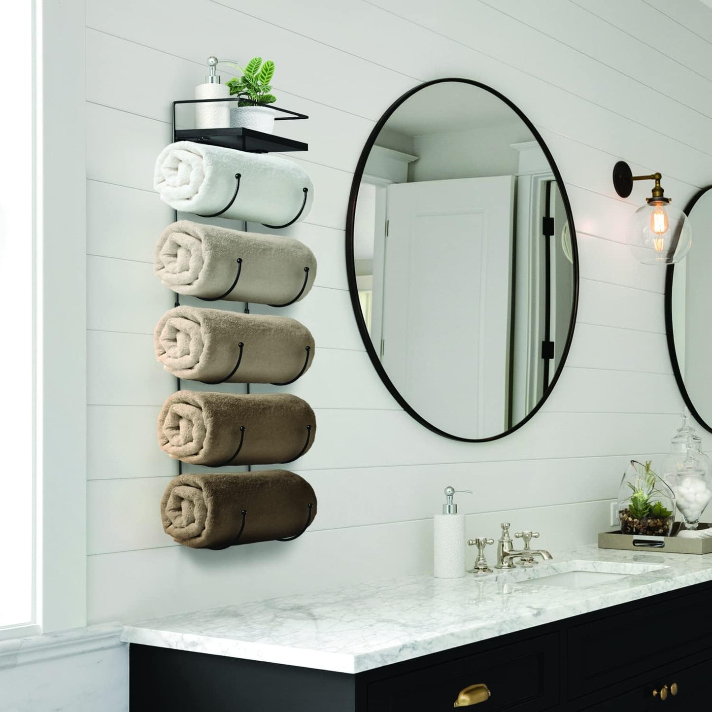 Wall Towel Rack, 5-Tier Wood Shelf, Wall Mounted (Black)