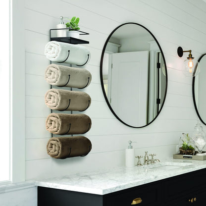 Wall Towel Rack, 5-Tier Wood Shelf, Wall Mounted (Black)