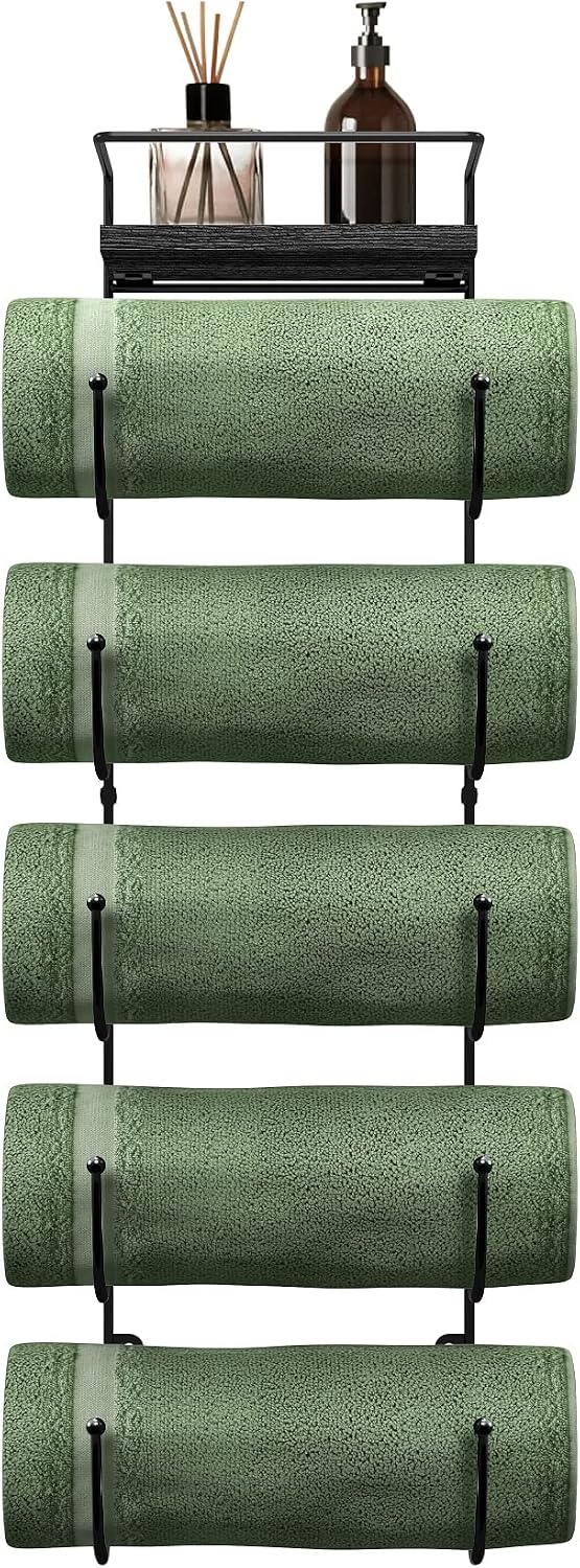 Wall Towel Rack, 5-Tier Wood Shelf, Wall Mounted (Black)