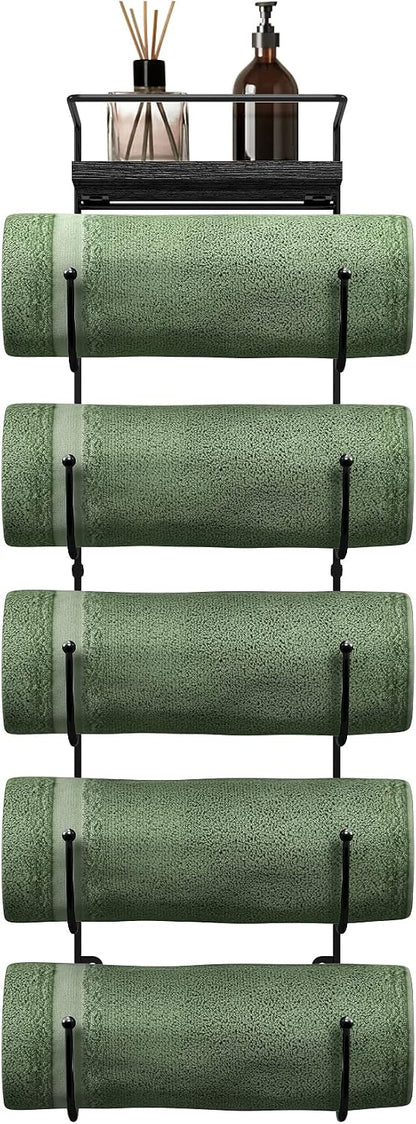 Wall Towel Rack, 5-Tier Wood Shelf, Wall Mounted (Black)