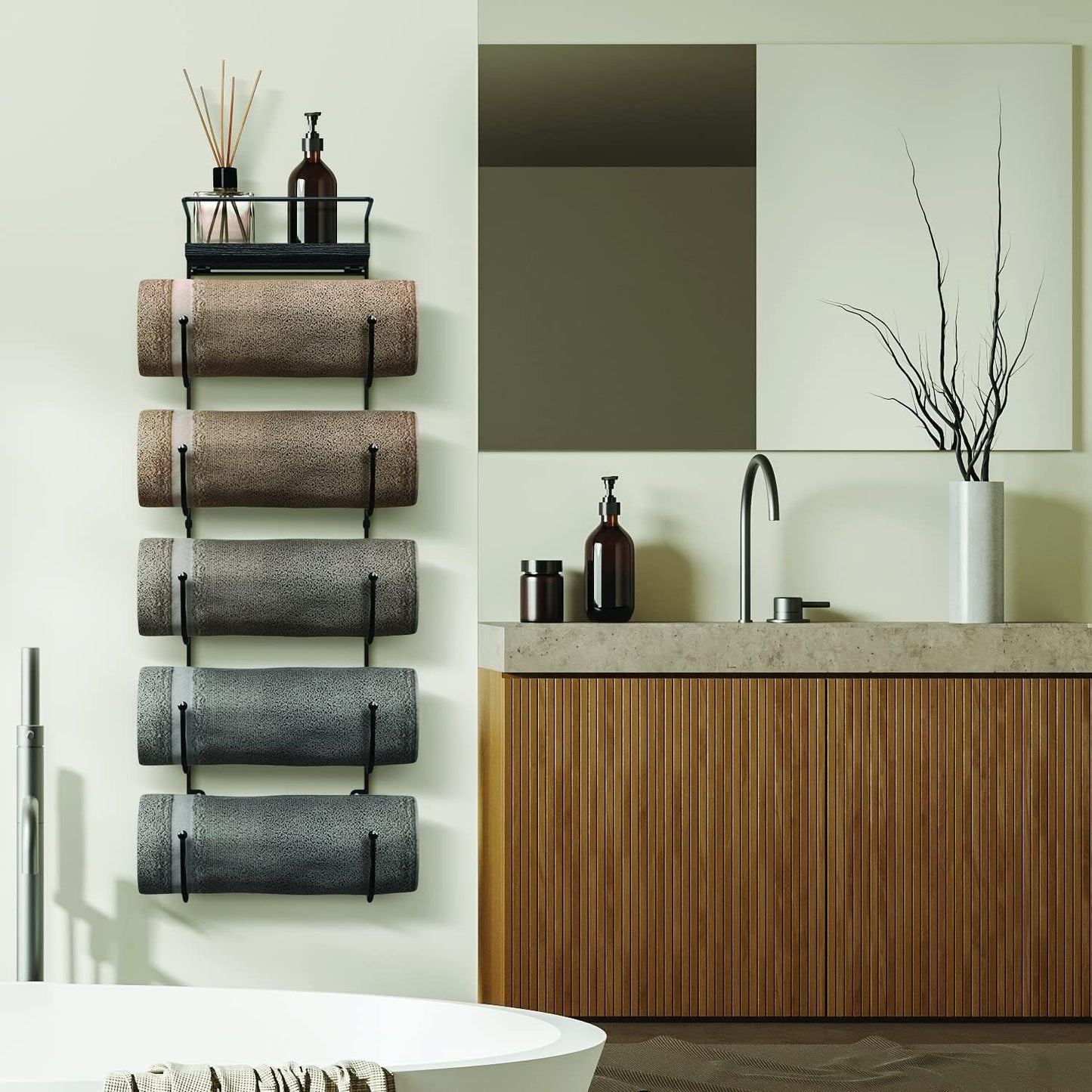 Wall Towel Rack, 5-Tier Wood Shelf, Wall Mounted (Black)