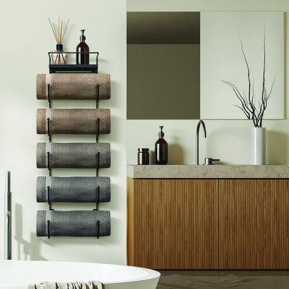 Wall Towel Rack, 5-Tier Wood Shelf, Wall Mounted (Black)