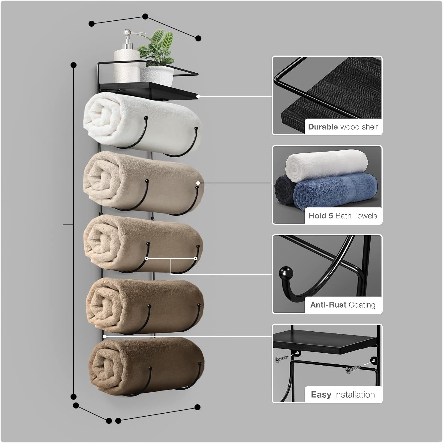 Wall Towel Rack, 5-Tier Wood Shelf, Wall Mounted (Black)