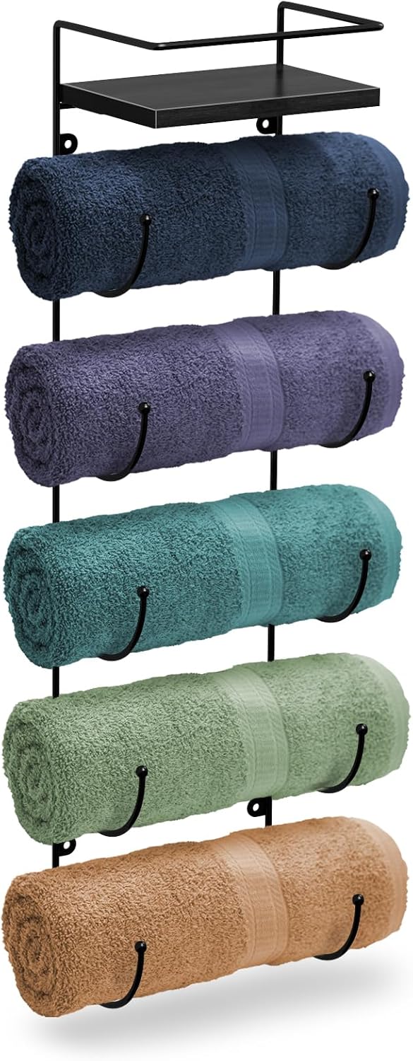 Wall Towel Rack, 5-Tier Wood Shelf, Wall Mounted (Black)