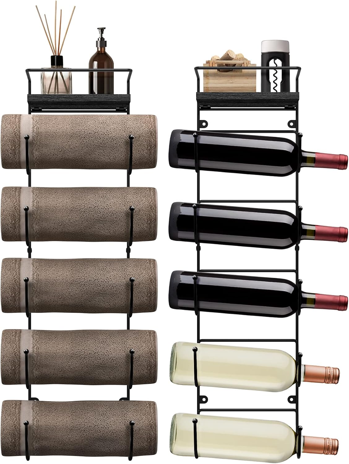 Wall Towel Rack, 5-Tier Wood Shelf, Wall Mounted (Black)